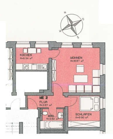 Leerstehende, helle 2-Raumwohnung mit EBK in Kirchberg! Denkmalschutz! - Grundriss Wohnung (7359)