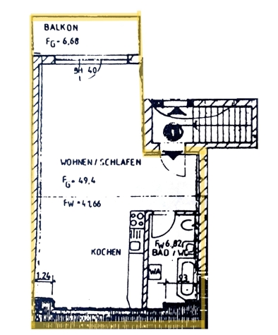 Vermietete 1-Raum-Whg. mit Balkon u. Tageslichtbad in Plauen! Zentrumsnah! - Grundriss (770)