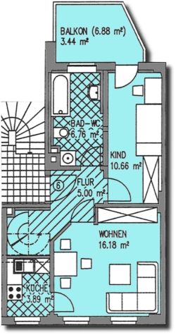 Ab 1.11.! Zentrumsnahe 3-Raum-Maisonettewohnung mit Balkon! - Grundriss 1. DG (10038)