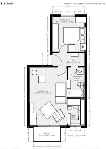 Vermietete 2-Raumwohnung mit Balkon und Stpl. in ruhiger Lage! Zwickau-Cainsdorf! - Grundriss bemaßt (7538)