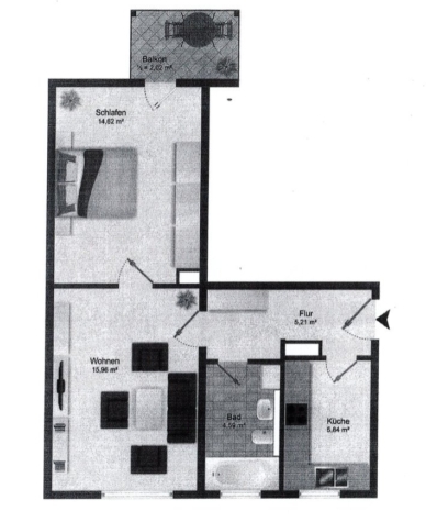 Schöne 2-Raumwohnung mit Balkon, Stpl. und neuer EBK! Tageslichtbad! - Grundriss (9381)