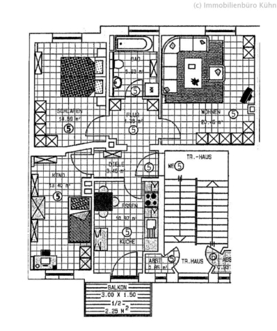 Schöne 3-Raumwhg. mit Tageslichtbad und Balkon! Vermietet! - Grundriss W5 (12904)