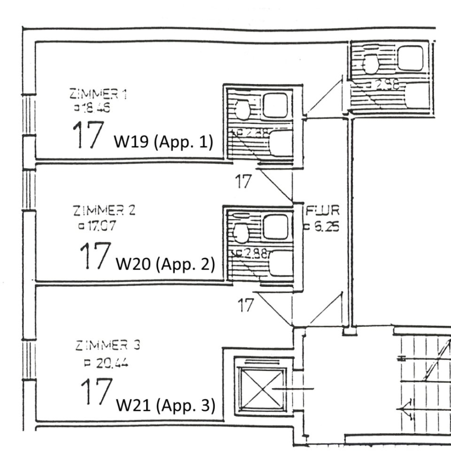 Grundriss Keller, Appartments 1, 2, 3