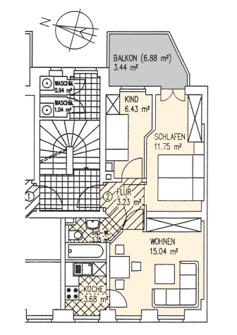 Zentrumsnahe 3-Raum-Whg. mit Balkon! Gut vermietet! - Grundriss (5174)