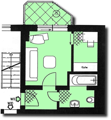 Ab 1.10.! Helle 1-Raumwohnung mit Singleküche und Balkon in Marienthal! - Grundriss (10005)