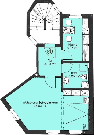 Zentrumsnahe 1-Raumwohnung mit Einbauküche! Vermietet! - Grundriss (6486)