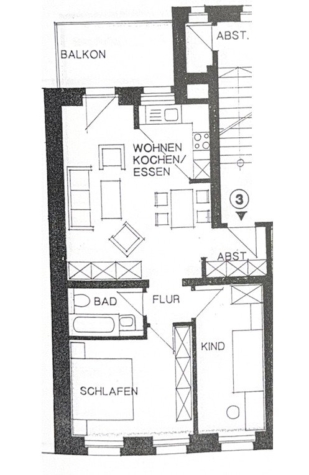Schöne 3-Raumwohnung mit Balkon u. EBK in Plauen! Zentrumsnah! - Grundriss (12923)