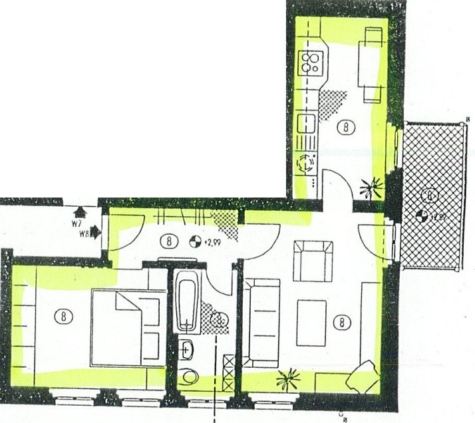 Zentrumsnahe 2-Raum-Whg.! Tageslichtbad, Balkon mit Blick ins Grüne; Vermietet! - Grundriss (14391)