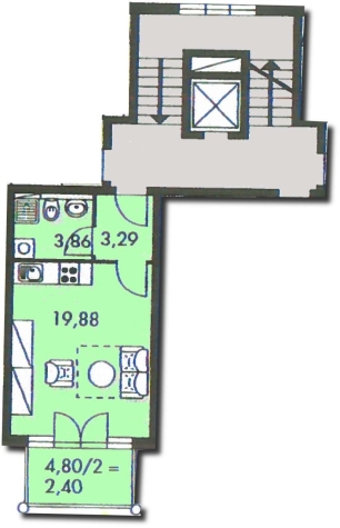 Ab 01.08.26! 1-Raum WE mit Balkon, Einbauküche und Tiefgaragenstellplatz in ruhiger Seitenstraße - Grundriss (5586)