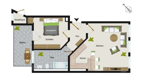 Geräumige, helle 2-Raum-Whg. im EG mit Balkon, Einbauküche und TV im Kochbereich, vermietet! - Grundriss der Wohnung (1601)