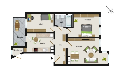 Schöne helle 3-Raum-Whg. im 1. OG mit Balkon, Laminat bzw. Fliesen, vermietet! - Grundriss W4 (3017)