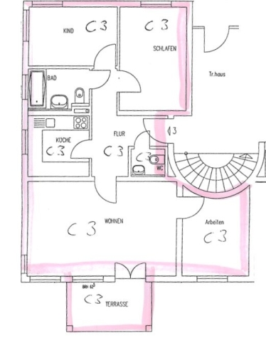 4-Raumwohnung mit Terrasse, Gäste-WC u. TG-Stpl. in ruhiger Lage! Leerstand! - Grundriss (7631)